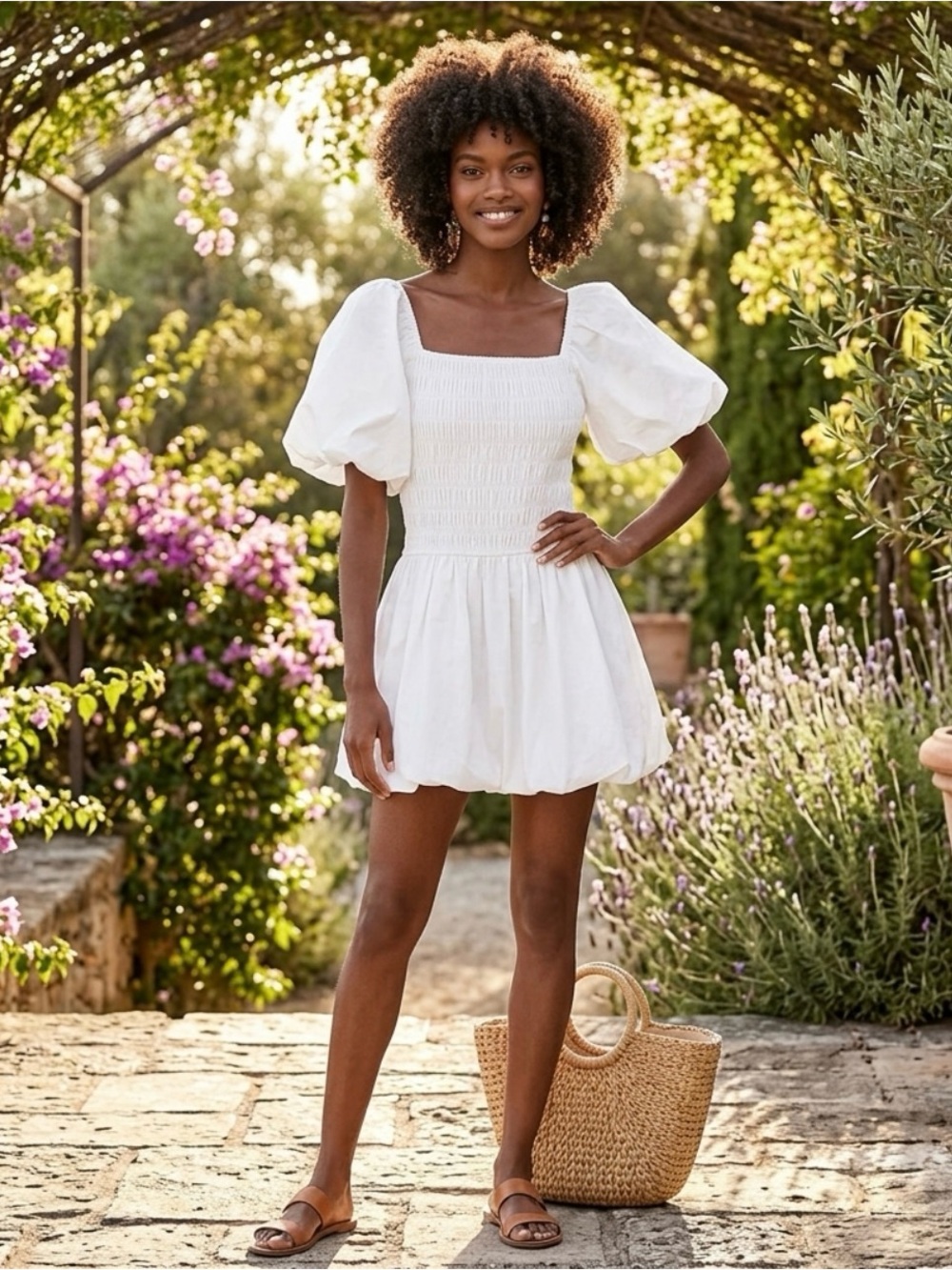 Hyacinth House White Smocked Catarina Puff Mini Dress NWT Size Medium
